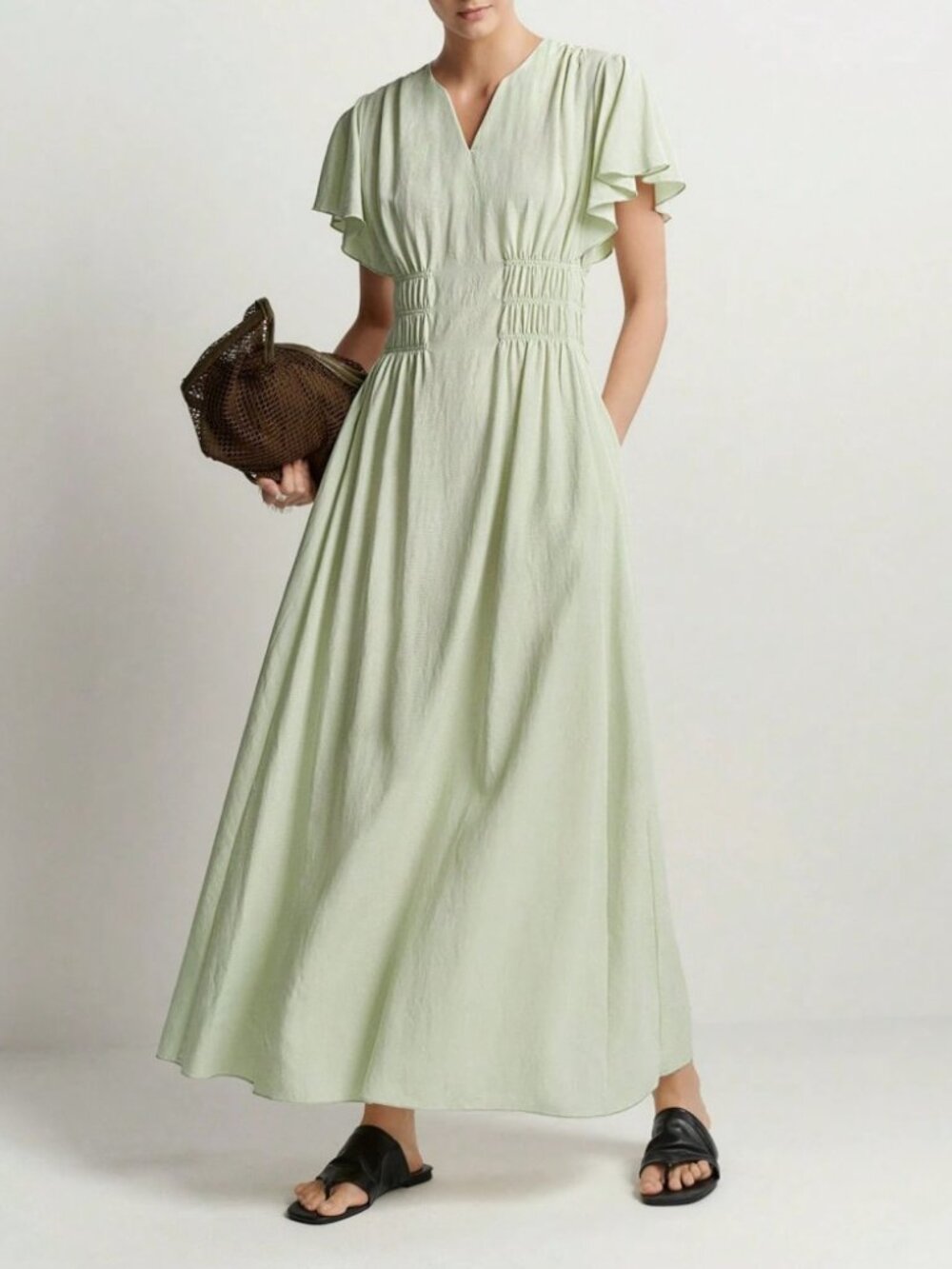 Sage Green Woven Maxi Dress with Smocked Waist and Ruffle Sleeves